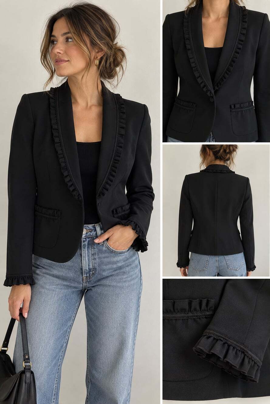 Vintage DKNY Donna Karan Black Wool Ruffle Trim Blazer Made in Italy Size 6